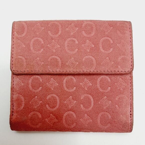 CELINE Vintage C Macadam Logo Pink Genuine Suede Leather Square Triomphe Wallet - Picture 16 of 16